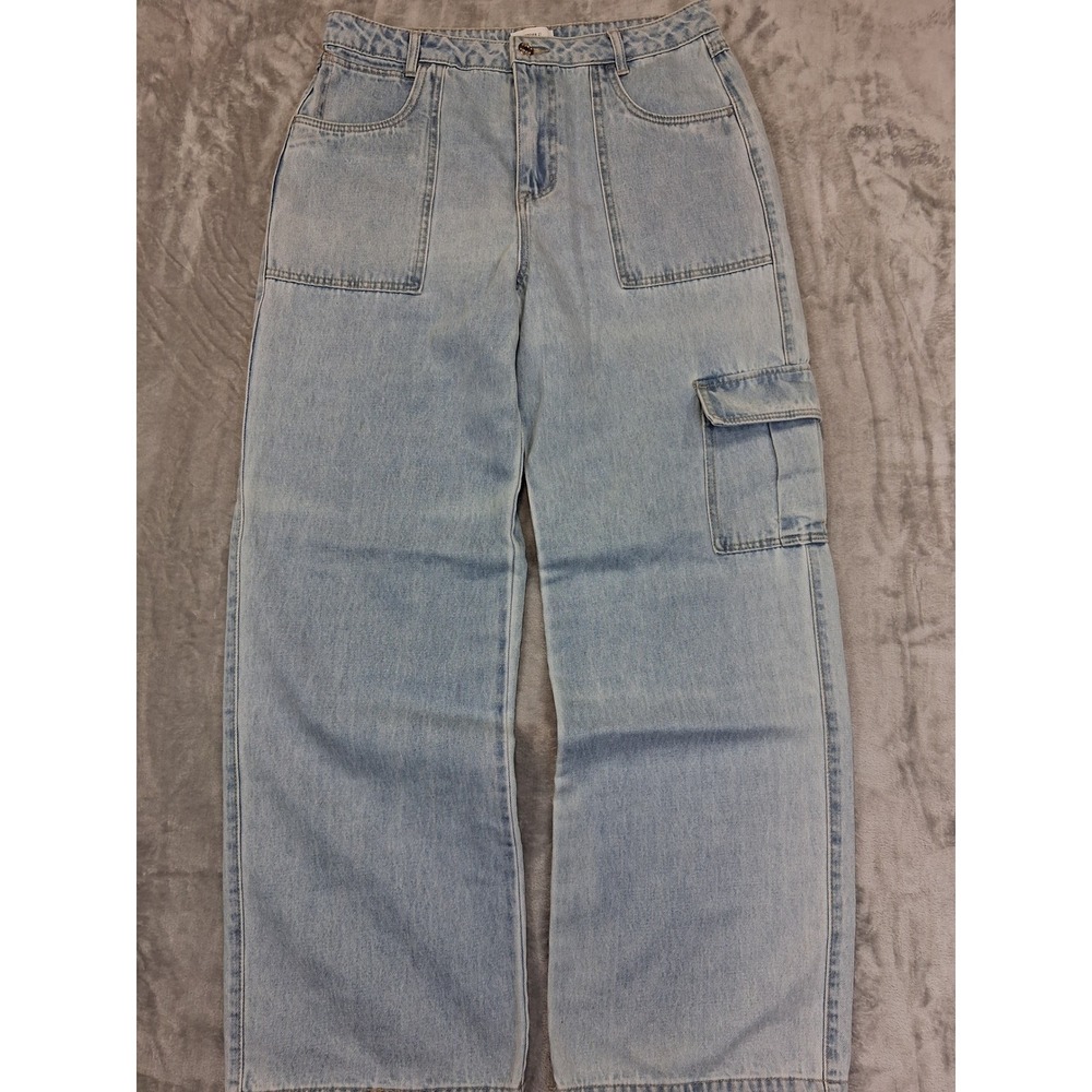 Forever 21 Womens 31x30 High Waist Barrel Wide Leg Cargo Light Wash Denim Jeans